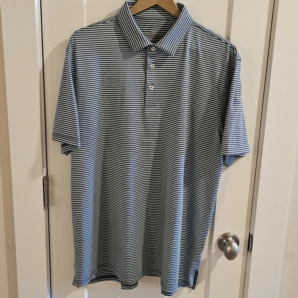 Southern Tide Performance Golf Polo Shirt - Blue & Green Striped  - Size XL